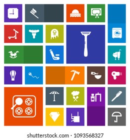 Modern, simple, colorful vector icon set with baby, japanese, meat, hairdryer, horse, match, ice, clock, spanner, sausage, toy, cream, vehicle, competitive, culture, dryer, cook, umbrella, rain icons