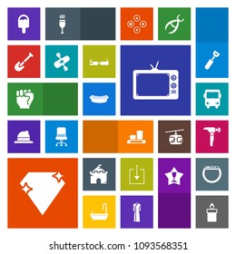 Modern, simple, colorful vector icon set with web, meat, luggage, concept, candle, dinner, gem, icecream, castle, download, equipment, screen, flame, transport, television, food, bag, fire, hand icons