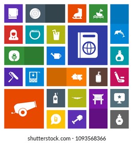 Modern, simple, colorful vector icon set with accessory, beauty, fashion, microphone, weapon, travel, spray, sound, paint, aroma, cricket, girl, cannon, bottle, necklace, healthy, tourism, face icons