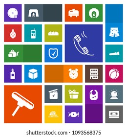 Modern, simple, colorful vector icon set with cd, soccer, cassette, tape, box, phone, clock, present, tropical, play, retro, flashlight, football, roller, gift, holiday, dvd, hour, alarm, lamp icons