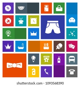 Modern, simple, colorful vector icon set with shorts, parachute, sign, casino, king, air, nature, clock, fan, chemistry, success, dice, atom, sale, spoon, jump, molecule, wear, sky, time, crown icons