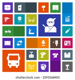 Modern, simple, colorful vector icon set with cable, bus, gym, drawer, hand, transport, machine, transportation, medical, train, drill, grill, alcohol, barbecue, business, bbq, vehicle, chair icons