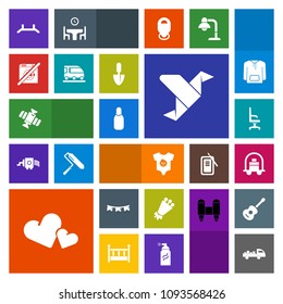 Modern, simple, colorful vector icon set with kid, child, sport, baggage, bouquet, love, shipping, comfortable, pull, space, planet, interior, chair, service, clothing, station, romance, origami icons