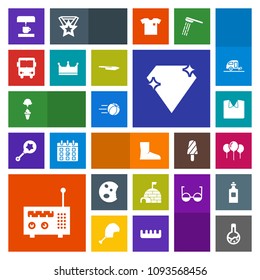 Modern, simple, colorful vector icon set with sport, machine, medicine, doughnut, laboratory, birthday, boot, game, diamond, cream, fashion, king, dessert, shirt, tool, coffee, decoration, cake icons