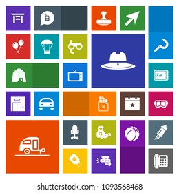 Modern, simple, colorful vector icon set with television, lollipop, safe, communication, chair, trailer, adventure, camp, torii, mask, japan, tv, decoration, sweet, birthday, chocolate, shrine icons