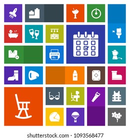 Modern, simple, colorful vector icon set with baby, machine, rocket, teapot, office, print, furniture, cherry, perfume, blossom, timetable, tea, schedule, printer, table, drink, white, desk, day icons