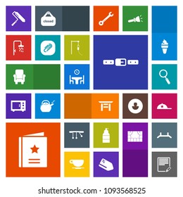 Modern, simple, colorful vector icon set with glass, cap, tool, brush, medicine, home, travel, paper, family, belt, roller, headwear, paint, paperclip, text, document, spray, table, fashion, hat icons