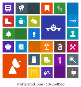 Modern, simple, colorful vector icon set with bell, wrench, ring, leaf, music, glass, elegant, boot, female, airplane, plane, fashion, alcohol, musical, message, spanner, hospital, doctor, palm icons