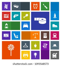 Modern, simple, colorful vector icon set with train, pistol, car, power, adhesive, tape, observatory, couple, mill, judge, firearm, travel, charger, shovel, bride, office, food, sweet, lollipop icons