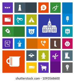 Modern, simple, colorful vector icon set with holiday, kid, location, space, piglet, background, building, religion, headset, annual, alien, celebration, container, flag, department, support icons