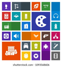 Modern, simple, colorful vector icon set with alcohol, media, glass, entertainment, horse, cocktail, recycling, castle, trash, tourism, drawing, video, passport, spaceship, travel, business, kid icons