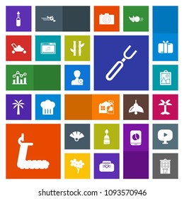 Modern, simple, colorful vector icon set with palm, fan, treadmill, equipment, graph, cleaner, member, house, housework, sport, building, fitness, person, sweet, food, finance, spoon, cake, gym icons