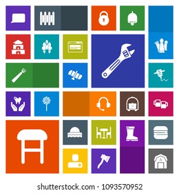Modern, simple, colorful vector icon set with orbit, interior, drink, sunset, nature, home, spanner, natural, drill, equipment, spoon, staple, hand, microphone, table, barn, sunrise, planet, bar icons