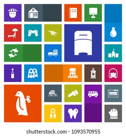 Modern, simple, colorful vector icon set with bed, scarf, room, animal, baby, beach, bedroom, toy, trailer, people, chair, travel, young, tower, penguin, double, children, truck, hammer, food icons