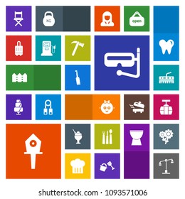 Modern, simple, colorful vector icon set with fork, brush, summer, nest, luggage, train, birdhouse, restaurant, child, seat, mask, sweet, dessert, cute, car, tooth, water, law, spring, electric icons
