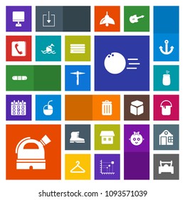 Modern, simple, colorful vector icon set with medicine, percussion, medical, book, observatory, painter, musical, house, laptop, color, bowling, bin, cheeseburger, paint, footwear, food, can, pc icons