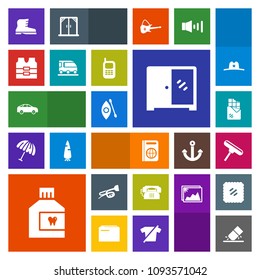 Modern, simple, colorful vector icon set with hygiene, water, brush, white, passport, communication, style, trumpet, bar, erase, mouth, cabinet, dental, highway, interior, phone, food, bus, move icons
