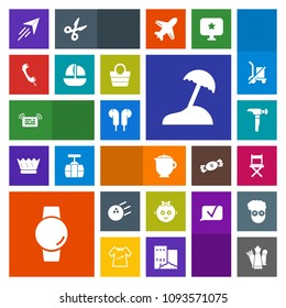 Modern, simple, colorful vector icon set with king, child, watch, bowling, time, sport, teapot, palm, fly, plane, beach, phone, chess, message, ball, piece, pin, tea, hot, paper, baby, gadget icons