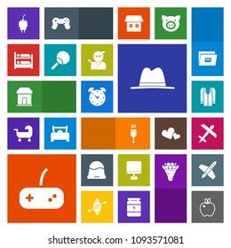 Modern, simple, colorful vector icon set with technology, organic, cap, joystick, hat, airplane, power, aircraft, healthy, travel, internet, jacket, laptop, alarm, clock, hostel, outfit, shop icons