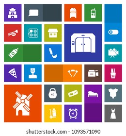 Modern, simple, colorful vector icon set with weight, kitchen, temple, wind, projection, female, power, brush, soup, air, clean, care, electricity, flight, toothbrush, cooking, video, asia, sky icons