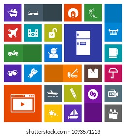 Modern, simple, colorful vector icon set with umbrella, ninja, decoration, weather, freezer, video, rain, pen, pencil, cinema, airport, weapon, refrigerator, web, car, home, food, fire, media icons
