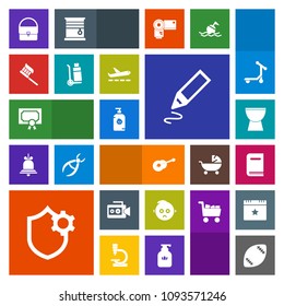 Modern, simple, colorful vector icon set with happy, american, health, stationery, video, game, award, kid, book, bag, equipment, clean, frame, guitar, internet, care, achievement, brush, film icons