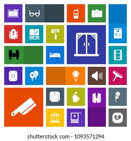 Modern, simple, colorful vector icon set with clothing, hotel, musical, jump, parachuting, space, parachute, extreme, entertainment, fork, fiction, travel, alien, roller, craft, monster, brush icons
