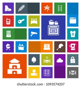 Modern, simple, colorful vector icon set with store, cooking, key, surveillance, table, game, call, market, telephone, ring, chocolate, bell, modern, asia, culture, sweet, dessert, sport, home icons
