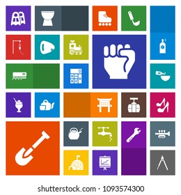 Modern, simple, colorful vector icon set with guitar, shrine, tool, concept, shovel, medical, conditioner, bathroom, dinner, finger, divider, equipment, air, human, sink, hand, water, faucet icons