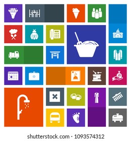 Modern, simple, colorful vector icon set with closed, bag, truck, flower, money, torii, chief, pub, chinese, bathroom, business, bouquet, beer, jacket, sign, finance, water, shipping, floral icons