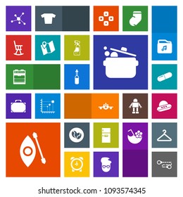 Modern, simple, colorful vector icon set with space, housework, equipment, chemistry, spray, map, travel, chair, atom, coffee, ufo, flight, departure, molecule, technology, food, cook, activity icons