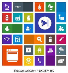 Modern, simple, colorful vector icon set with equipment, video, spaceship, oven, pictogram, delete, gas, stove, media, space, dentist, music, craft, hotel, motel, chair, play, science, privacy icons
