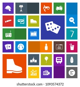 Modern, simple, colorful vector icon set with app, musical, mobile, celebration, gambling, waiter, cone, media, technology, wrench, success, bowling, button, food, equipment, dice, birthday, sea icons