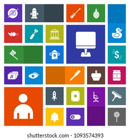 Modern, simple, colorful vector icon set with laptop, clean, care, ball, internet, kitchen, brush, bodybuilding, game, sweet, camera, milk, candy, hygiene, boy, poker, pin, spoon, rocket, launch icons