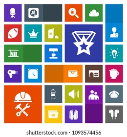 Modern, simple, colorful vector icon set with construction, medal, electricity, home, music, teapot, industry, crown, machine, library, hot, helmet, breakfast, football, volume, queen, sale, bag icons