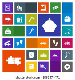 Modern, simple, colorful vector icon set with vehicle, food, sensu, vessel, boat, scooter, sign, music, glass, poker, fan, drink, clothes, book, play, ocean, game, clothing, cake, dessert, white icons