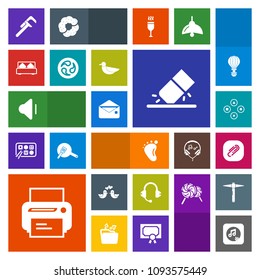 Modern, simple, colorful vector icon set with technology, computer, rubber, sound, clip, mail, message, communication, print, bed, dove, eraser, paperclip, love, animal, reparation, machine, fun icons
