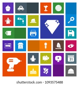 Modern, simple, colorful vector icon set with sign, jewel, karaoke, song, technology, nutrition, projector, health, sweet, plastic, transparent, wine, computer, hat, kitchen, beauty, gem, video icons