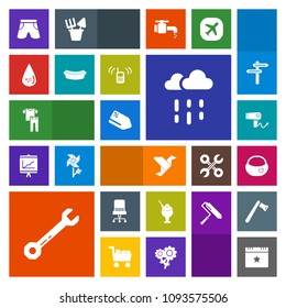 Modern, simple, colorful vector icon set with interior, care, blow, dryer, chair, comfortable, spanner, wrench, armchair, hair, hammer, rucksack, shirt, sweet, backpack, school, shorts, template icons
