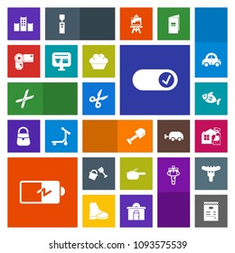 Modern, simple, colorful vector icon set with camera, full, construction, vacation, cut, sale, housework, photography, hotel, tool, work, menu, power, shovel, , car, battery, white, seafood, bed icons