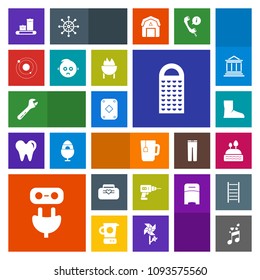 Modern, simple, colorful vector icon set with fashion, poker, drink, power, bag, musical, work, tea, play, cake, galaxy, luggage, sweet, leather, sound, boot, science, space, spanner, grater icons