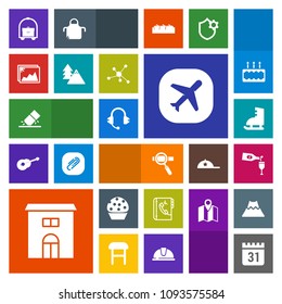 Modern, simple, colorful vector icon set with phone, white, drink, sound, vacation, business, picture, schedule, airplane, speaker, alcohol, book, cake, estate, room, travel, house, time, day icons