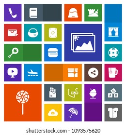 Modern, simple, colorful vector icon set with poker, baby, shirt, box, soup, tea, lollipop, sign, cup, rattle, infant, mask, bar, bag, clothing, add, present, new, money, snack, toy, gift, food icons