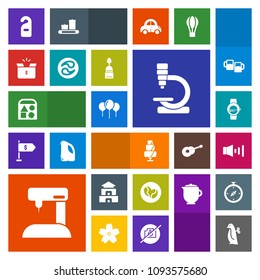 Modern, simple, colorful vector icon set with play, decoration, birthday, time, coffee, baby, animal, package, volume, sewing, penguin, smart, travel, pagoda, toy, motel, celebration, temple icons