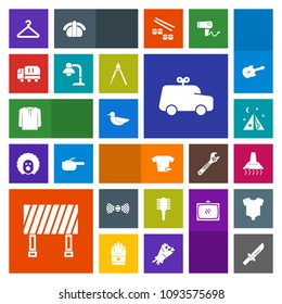 Modern, simple, colorful vector icon set with toy, outdoor, car, care, cooking, bow, childhood, fork, background, restaurant, cargo, bird, tie, beauty, brush, animal, tent, play, travel, clothes icons