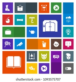 Modern, simple, colorful vector icon set with ufo, bow, screen, literature, equipment, textbook, bag, fashion, juice, drink, chemistry, space, food, monitor, switch, cold, can, style, gardening icons