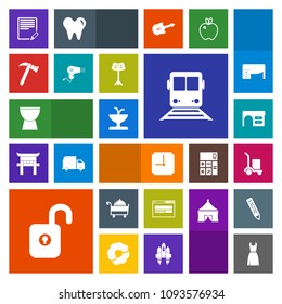 Modern, simple, colorful vector icon set with restaurant, architecture, work, document, hammer, cargo, fashion, percussion, equipment, desk, security, web, protection, clock, transportation, art icons