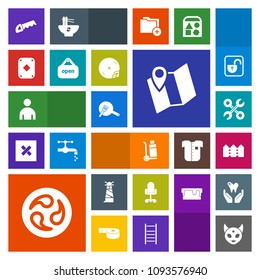 Modern, simple, colorful vector icon set with chair, road, location, pan, monster, japanese, shipping, ufo, saw, office, construction, truck, mon, man, alien, work, kitchen, industrial, sea, map icons