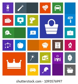 Modern, simple, colorful vector icon set with bonfire, emergency, hot, wand, closed, film, restaurant, industry, handle, fireplace, android, equipment, medical, video, crown, technology, food icons