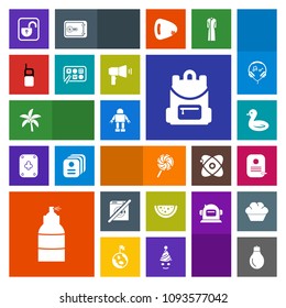 Modern, simple, colorful vector icon set with lock, spray, unlock, school, energy, mobile, restaurant, idea, food, summer, telephone, power, phone, communication, megaphone, leaf, light, sky icons